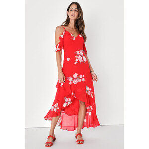 Lulus Love In Bloom Red Floral Print Off-the-shoulder High-low Dress - Size M
